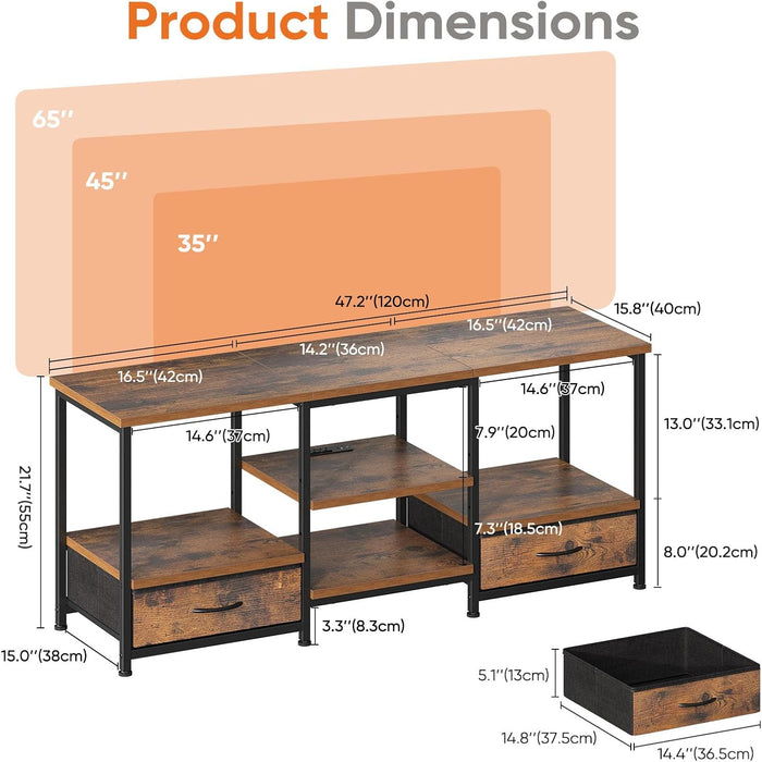 Bigleap 47-inch TV Stand with USB Charging Station, Rustic Brown Media Console for TVs up to 65 Inch, 2 Fabric Drawers & Open Shelves