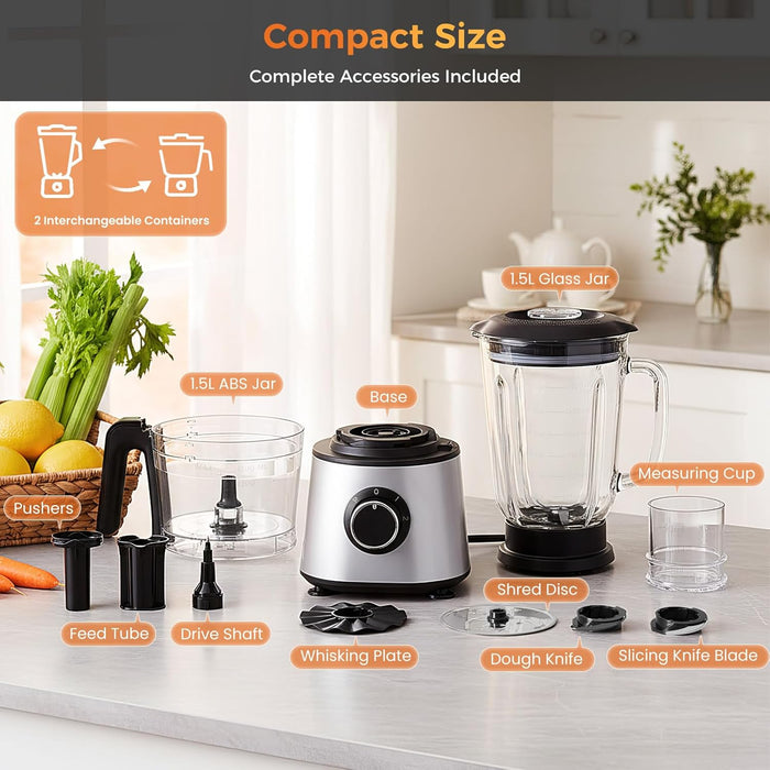 Simenmax 6-in-1 Food Processor & Blender Combo, 1.5L Glass Jar, 300W Electric Chopper with 2 Speeds + Pulse, Vegetable Slicer & Dough Kneader for Home Kitchen