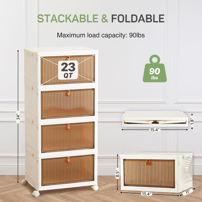3-Tier Stackable Plastic Storage Bins with Lids, 23QT Foldable with Magnetic Doors and Lockable Wheels, Portable Collapsible Closet Organizer Boxes for Living Room, Bedroom, Dorm, Home Office