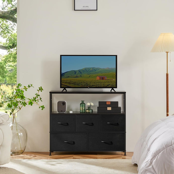 Bigleap TV Stand for Bedroom, TV Dresser for 45 inches, Media Console Table, Entertainment Center with 5 Fabric Drawers Cabinet and Open Storage Shelf Furniture Cabinet for Living Room, Brown