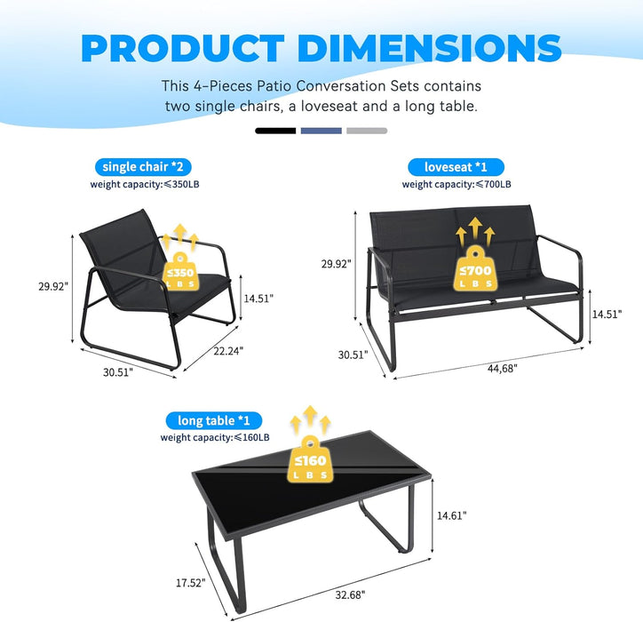 Simenmax 4-Piece Patio Furniture Set, Outdoor Bistro Conversation Set with Tempered Glass Coffee Table for Garden, Poolside, Balcony, Black