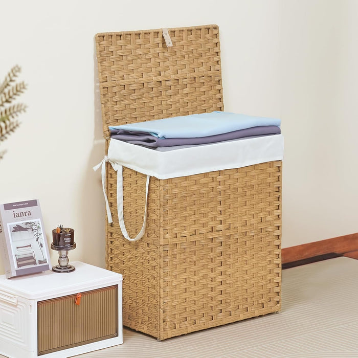 Simenmax 90L Foldable Laundry Hamper with Lid, Woven Laundry Basket with Removable Washable Liner, Rattan Clothes Hamper Sturdy Steel Frame Rattan Basket, Yellow
