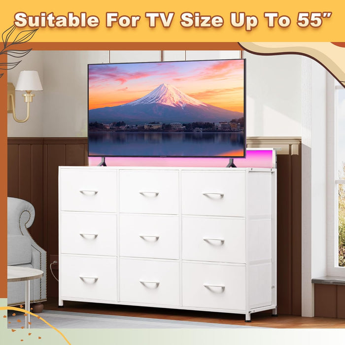 Bigleap LED TV Stand 9-Drawer Dresser Charging Station, Entertainment Center for Bedroom or Living Room, Wood Top Media Console with Fabric Drawers for 45-55 Inch TV, White