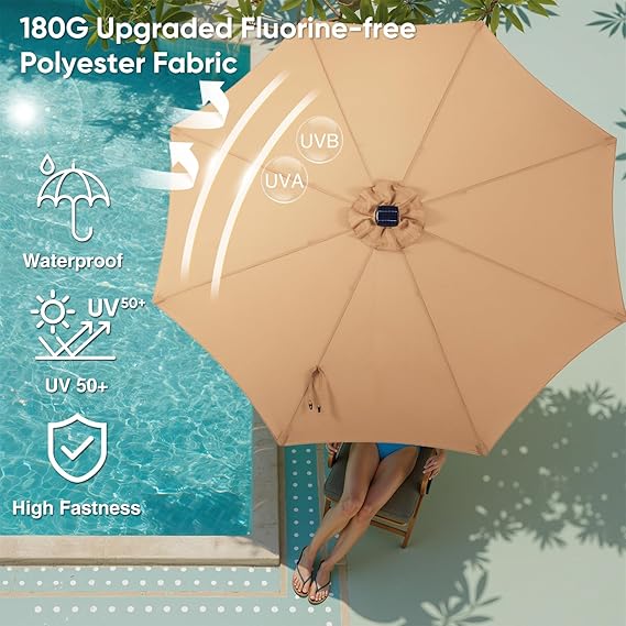 Simenmax 10FT Solar Patio Umbrella with 32 LED Lights, Outdoor Umbrellas Market Umbrella with 8 Sturdy Ribs for Market, Beach, Pool, Garden, Backyard,Brown