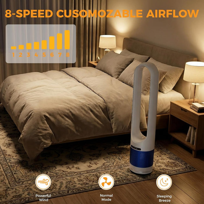 Simenmax 41'' Bladeless Tower Fan, 80° Oscillating Quiet Cooling Fan, 8 Speeds & 8H Timer, Remote Control with LED Display for Home Office Living Room,Blue