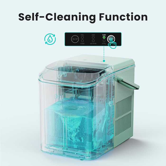 Simenmax Portable Ice Maker, Countertop Ice Machine with Handle & Basket, Compact for Home, RV, Camping, Parties – Green