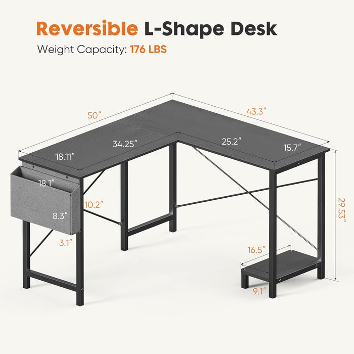 Bigleap L Shaped Computer Desk - Gaming Table Corner Desk 50 Inch PC White Writing Desk Study Desks with Wooden Desktop CPU Stand Side Bag Reversible for Home Office Room Small Space, Brown