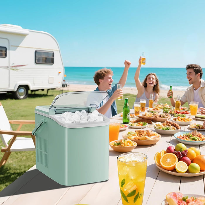 Simenmax Portable Ice Maker, Countertop Ice Machine with Handle & Basket, Compact for Home, RV, Camping, Parties – Green