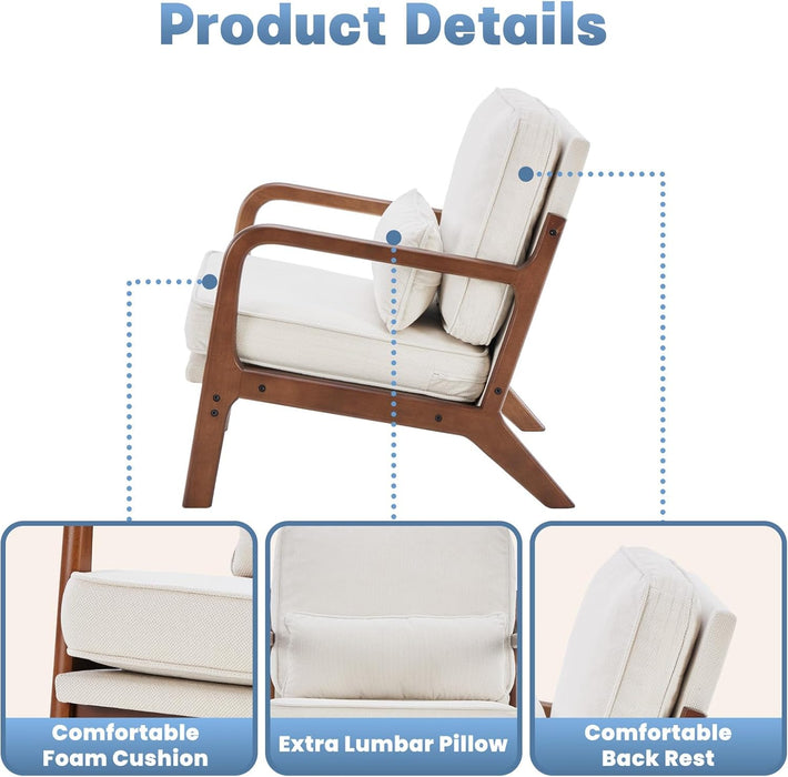 Simenmax Mid Century Modern Accent Chair, Lounge Chair with Cushion, Solid Wood Chair with Arms, Reading Chair for Living Room, Bedroom,Beige