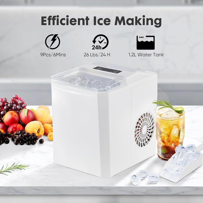 Simenmax Ice Maker, Portable Countertop Icemaker Machine, Self Cleaning Quiet 2 Sizes Bullet Cubes Makers, 9 Cubes in 6 Mins, 26lbs/24Hrs with Ice Scoop, Basket for Home Kitchen Party