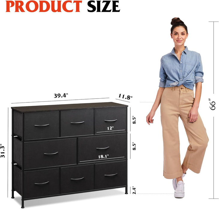 Bigleap TV Stand 8 Drawer Dresser for Bedroom, Large Storage Fabric Dresser with Wood Top, Versatile Chest of Drawers for Living Room, Closet, Entryway,Black