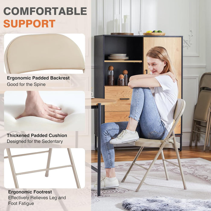 Bigleap Folding Chairs 2 Pack, PU Leather Padded Foldable Chairs with Metal Frame for Indoor Outdoor Use, Office, Party, Wedding, Khaki