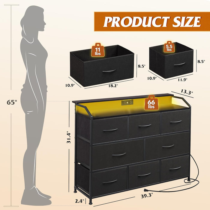 Bigleap LED TV Stand 8-Drawer Dresser with Charging Station, Fabric Chest of Drawers for Bedroom, Living Room, Hallway & Entryway, Black