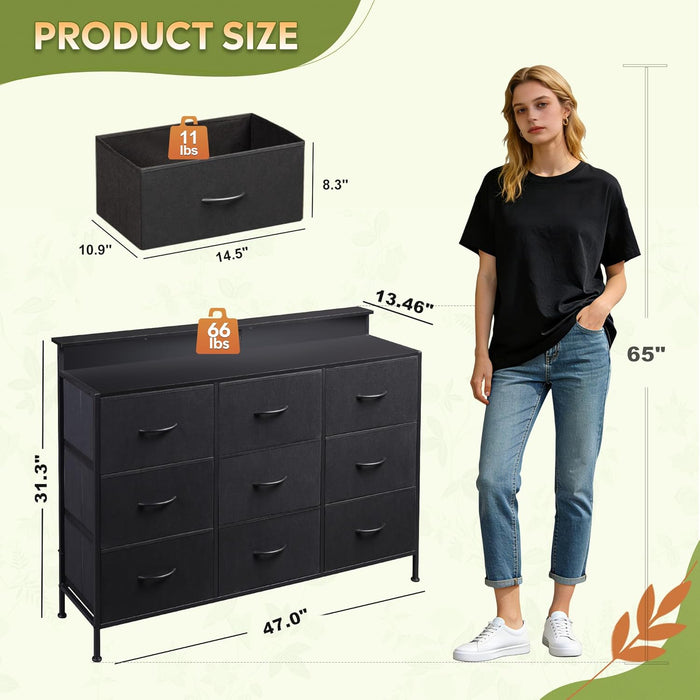 Bigleap LED TV Stand 9-Drawer Dresser Charging Station, Entertainment Center for Bedroom or Living Room, Wood Top Media Console with Fabric Drawers for 45-55 Inch TV, Black