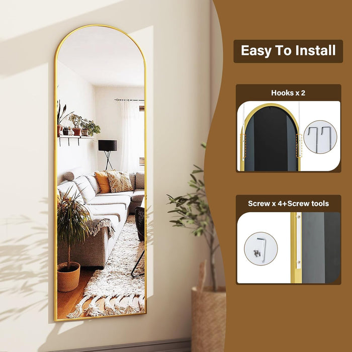 Simenmax 14''x47'' Wall-Mounted Mirror, Arched Door Hanging Mirror Aluminum Framed Floor Mirror, Standing Mirror for Bedroom, Living Room, Entryway,Gold