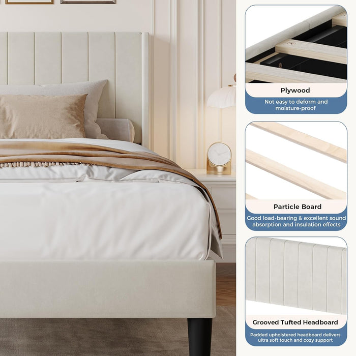 Bed Frames with Headboard, Fabric Upholstered Platform Bed with Wood Slats 500 lbs Support , Noise Free, No Box Spring Needed