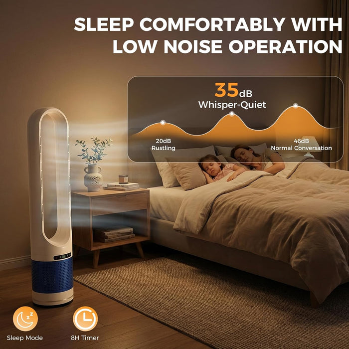 Simenmax 41'' Bladeless Tower Fan, 80° Oscillating Quiet Cooling Fan, 8 Speeds & 8H Timer, Remote Control with LED Display for Home Office Living Room,Blue