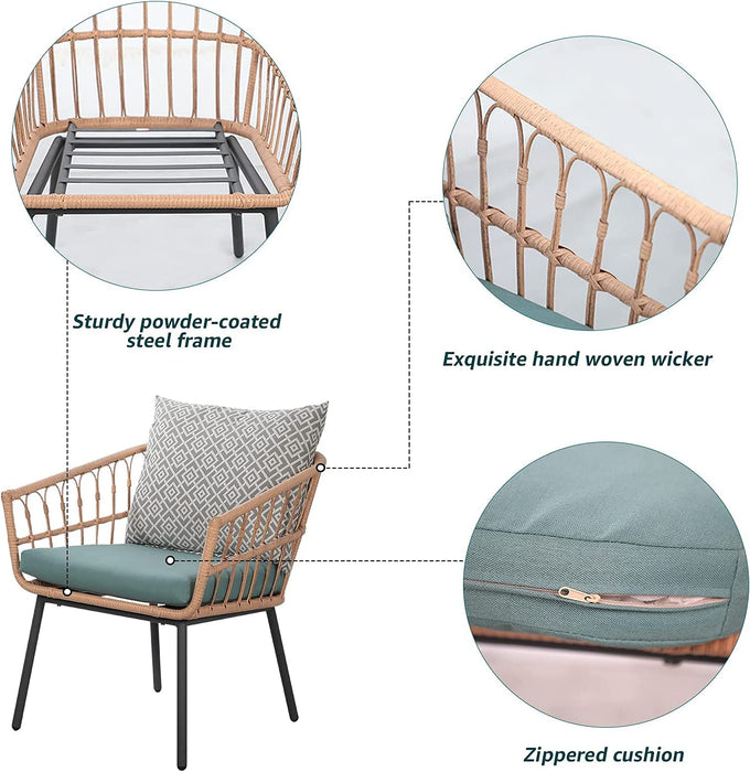 3 Pieces Outdoor Furniture Patio Bistro Set All-Weather Wicker Conversation Set with Tempered Coffee Table, Wicker Chairs, Cushions and 2 Back Pillows for Front Porch Balcony Backyard Deck
