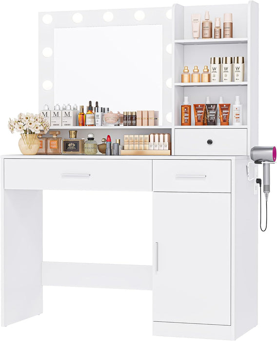 Simenmax Vanity with Mirror and 11 LED Lights, Makeup Vanity Desk with 3 Drawer, 4 Shelves, 1 Cabinet, Dressing Table for Bedroom, White