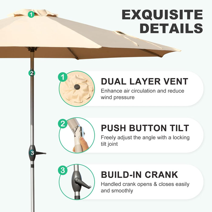 Simenmax 9FT Patio Umbrella with Push Button Tilt and Crank, Outdoor Table Umbrella with 8 Sturdy Ribs, Market Table Parasol for Garden, Lawn, Backyard & Pool, Beige