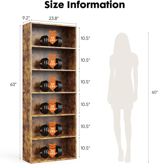 Simenmax 6-Tier Bookshelf, 53" Tall Floor-Standing Bookcase Display Storage Shelves for Home Office, Living Room, Bedroom, Brown