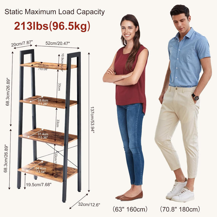 Simenmax 4-Tier Bookshelf, Industrial Ladder Shelf, Space-Saving Storage & Display Bookshelf for Living Room, Bedroom, Office, Brown