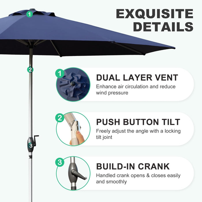 Bigleap 9FT Patio Umbrella, Market Umbrella with 8 Sturdy Ribs, Outdoor Table Umbrella for Garden, Lawn, Backyard, Pool, Dark Blue