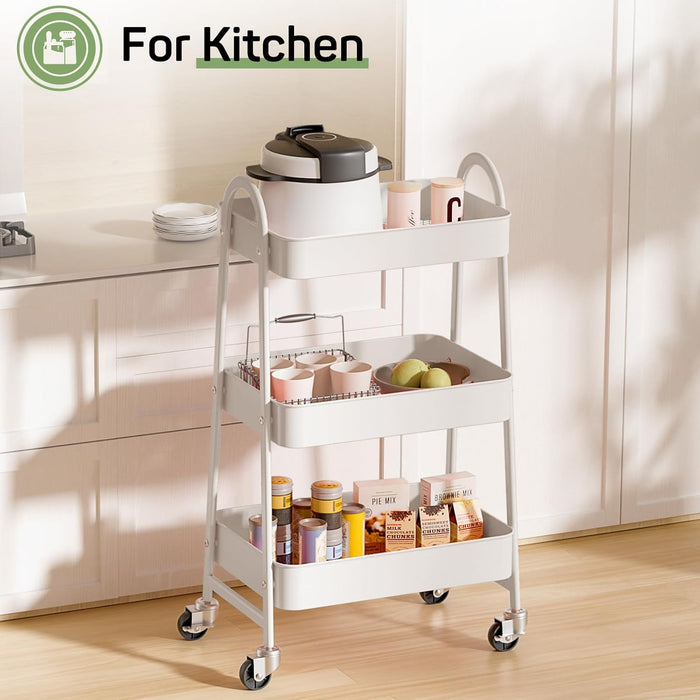 Bigleap Rolling Utility Cart, 3-Tier Metal Storage Trolley with Handle and Lockable Wheels, Multifunctional Organizer for Office, Kitchen, Living Room, Bathroom,White