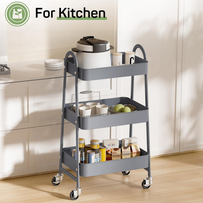 Bigleap Rolling Utility Cart, 3-Tier Metal Storage Trolley with Handle and Lockable Wheels, Multifunctional Organizer for Office, Kitchen, Living Room, Bathroom,Gray