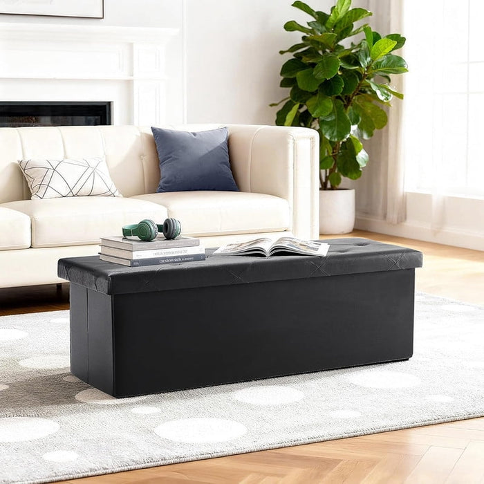 Nextay 43" Folding Storage Ottoman Bench, PVC Fabric Footrest Stool with Hidden Storage, Black