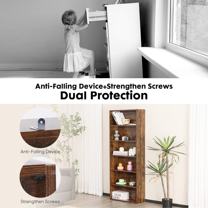 Simenmax 6-Tier Bookshelf, 53" Tall Floor-Standing Bookcase Display Storage Shelves for Home Office, Living Room, Bedroom, Brown