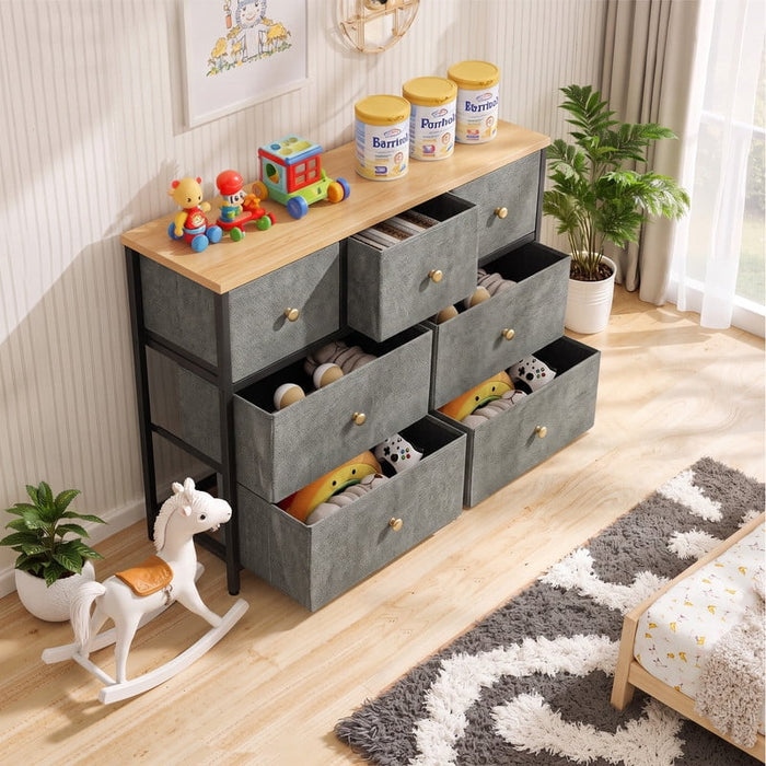 Betcozy 7-Drawer Fabric Dresser, Horizontal TV Stand & Main Bedroom Clothes Storage Unit, Metal Frame with Wooden Top, Dark Green