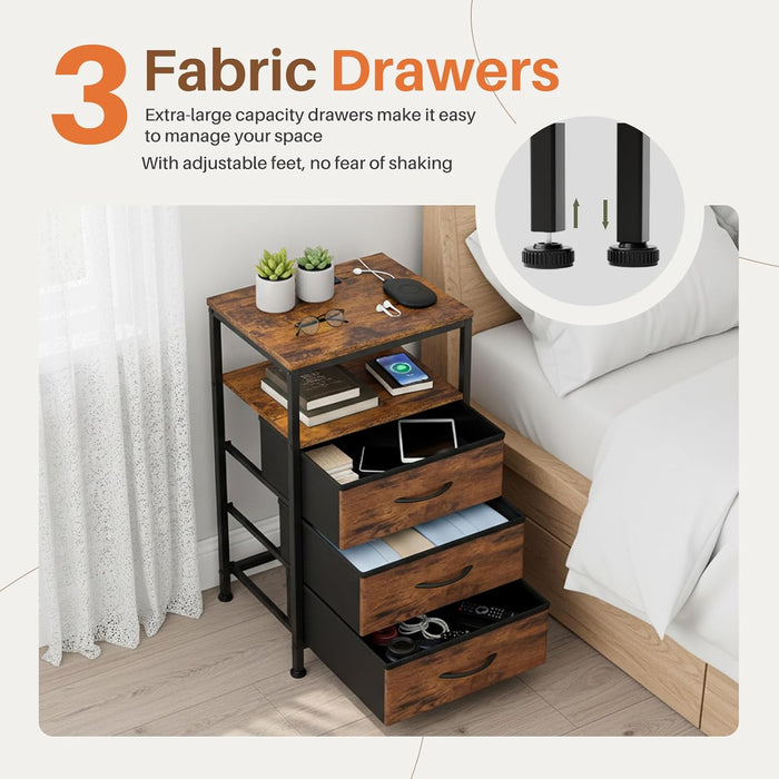 Bigleap Nightstand with Charging Station, 3-Drawer Bedside Table with USB/Type-C Ports, AC Outlets & LED Light Strip, Adjustable Feet, Brown