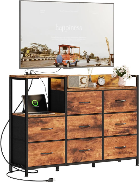 Bigleap 47" TV Stand with 8 Drawers, Entertainment Center with Charging Station, Fabric Dresser Storage Cabinet for Living Room, Bedroom, Brown