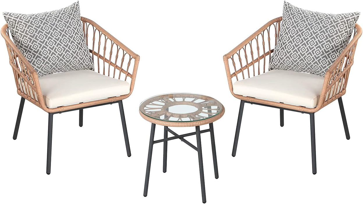 3 Piece Patio Bar Set with Glass Top Table & 2 Stools, Outdoor Furniture Wicker Bar Set with 2 Storage Shelves & Removable Beige Cushion for Balcony Backyards Porches Poolside