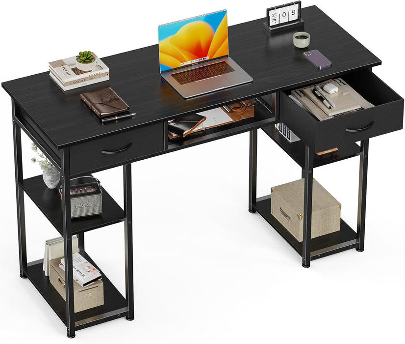 Simenmax Computer Desk with 2 Drawers, 48 Inch Office Desk Study Table, Fabric Drawers Storage Shelves,Black