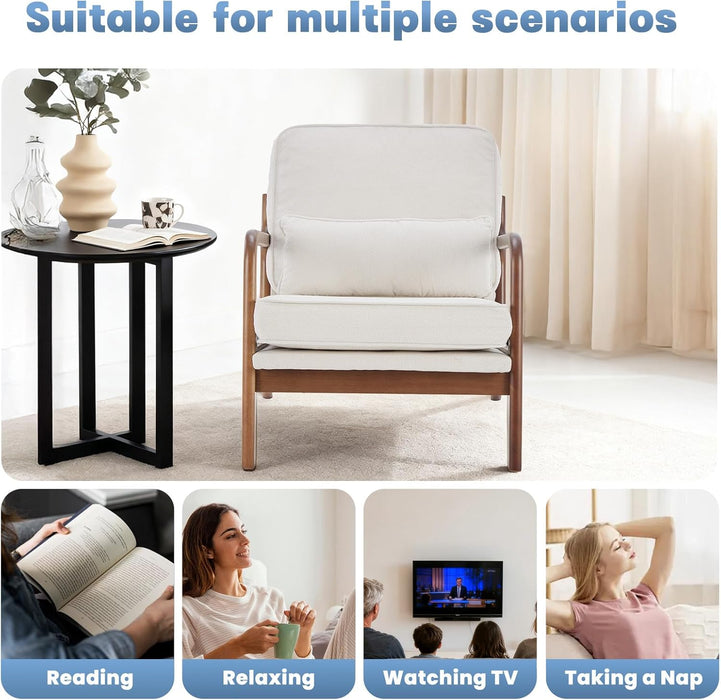 Simenmax Mid Century Modern Accent Chair, Lounge Chair with Cushion, Solid Wood Chair with Arms, Reading Chair for Living Room, Bedroom,Beige