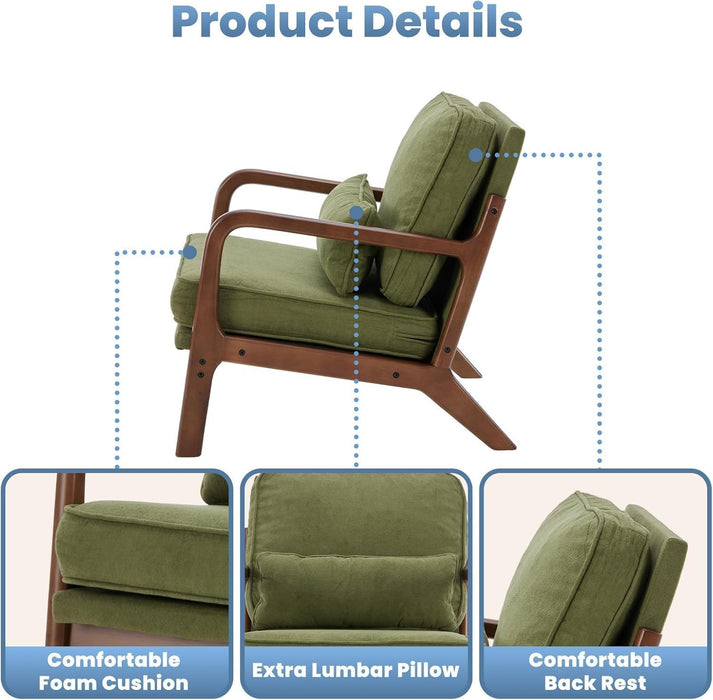 Simenmax Mid Century Modern Accent Chair, Lounge Chair with Cushion, Solid Wood Chair with Arms, Reading Chair for Living Room, Bedroom,Green