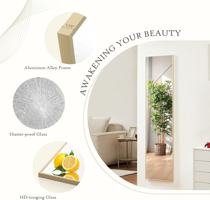 Simenmax Full Length Mirror, 56x15 Inch Standing Mirror with Nano Glass Aluminum Frame for Bedroom, Living Room, Gym,Gold