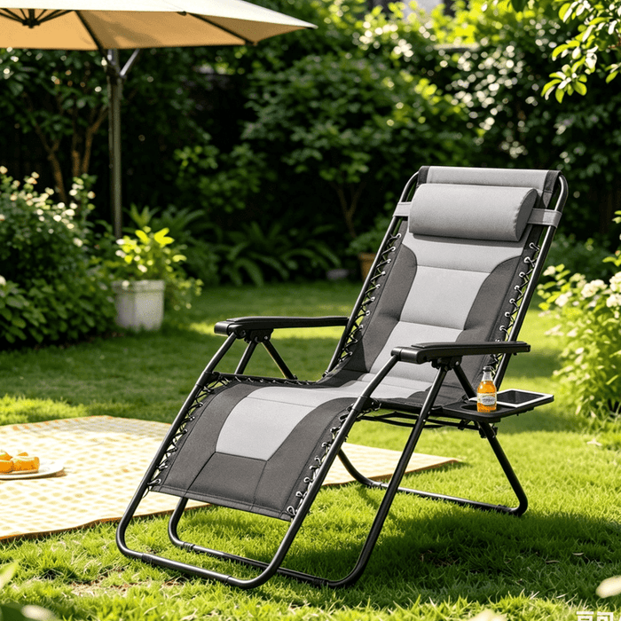 Blorly Zero Gravity Chair, Heavy Duty Integrated Padded, Professional Built-in Cushioned Reclining Lounge Chair, Extra Wide Folding Patio Chair with Side Tray for Outdoor & Indoor, Dark Gray