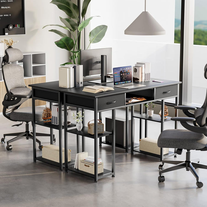 Simenmax Computer Desk with 2 Drawers, 48 Inch Office Desk Study Table, Fabric Drawers Storage Shelves,Black