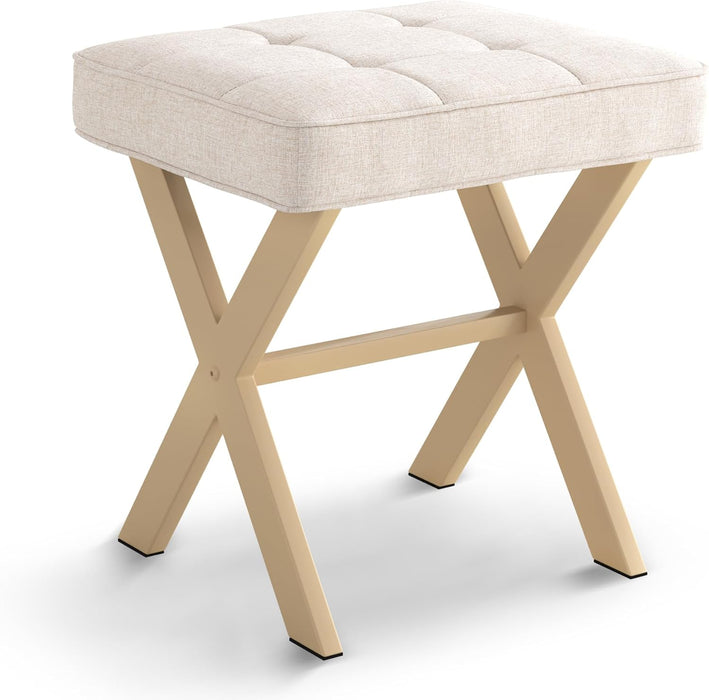 Bigleap Square Ottoman Stool - Beige Linen Footrest, Vanity Stool with Metal Legs, Small Space-Saving Seat for Living Room, Bedroom & Entryway
