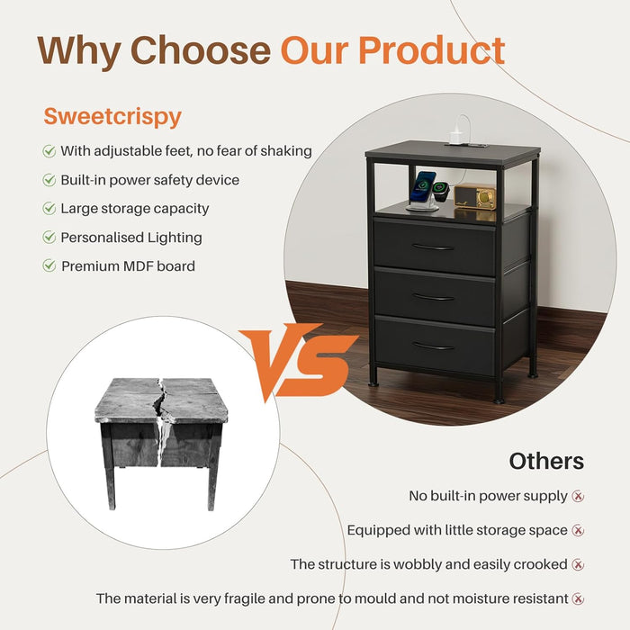Simenmax Nightstand with Charging Station & LED Lights, 3 Drawer Bedside Table with Variable Light Strip, Modern Industrial Bedroom Furniture, Black