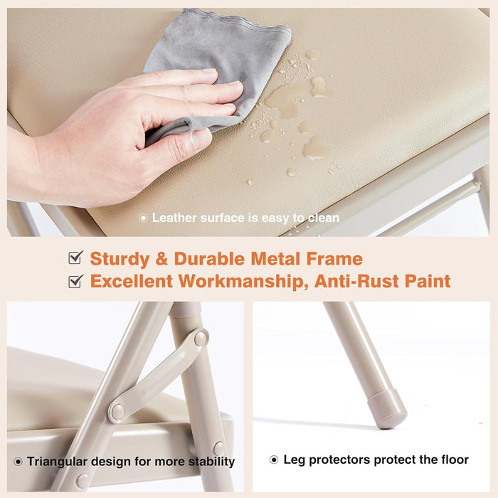 Simenmax 2PCS Folding Chair Padded, Leather Portable Stackable Chair with Steel Frame - Indoor Outdoor Use for Home, Office, Party, Wedding, Church, Khaki