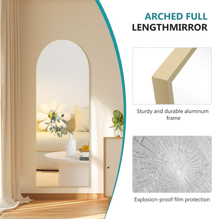 Simenmax Arched Full Length Mirror, 56x21 Inch Arched Standing Mirror with Nano Glass Aluminum Frame for Bedroom, Living Room, Gym,Gold