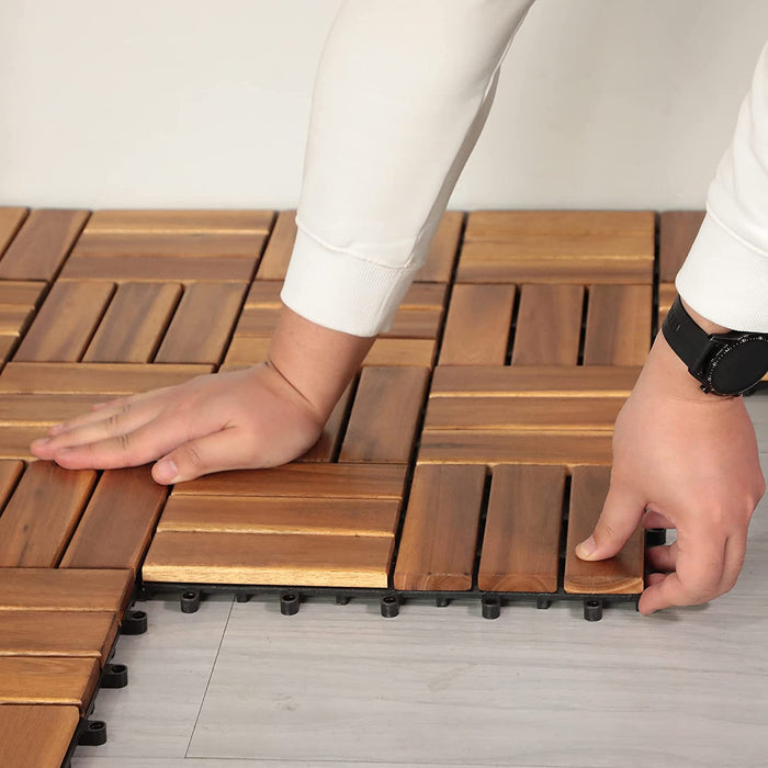 Bigleap Interlocking Wooden Deck Tiles 30X30cm Decor All Weather Balcony Floor 6 Slats Straight Tiles Acacia Wood