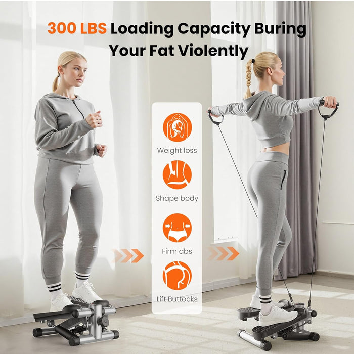 Simenmax Portable Stair Stepper with Resistance Bands, 300LBS Capacity Mini Stepper Machine for Full Body Workout at Home or Office, Quiet Twist Stepper for Fitness, Sliver