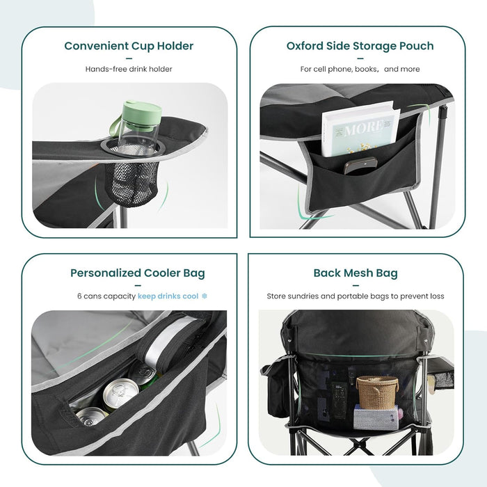 Simenmax Camping Folding Chair, Heavy Duty Padded Chair with Cup Holder Storage and Cooler Bag,Black Gray