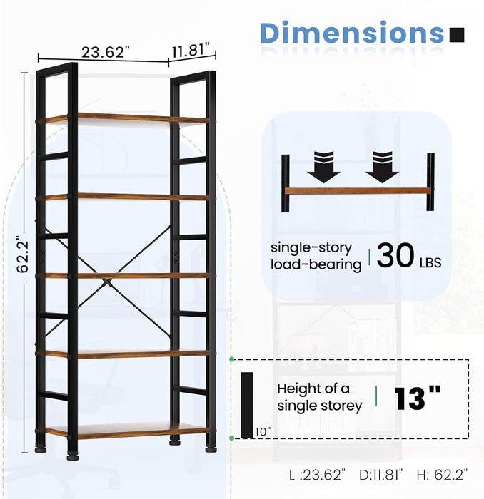 Simenmax 5-Tier Bookshelf - 62.2" Tall Rustic Brown Display Storage Shelves for Living Room, Office, Bedroom, Brown