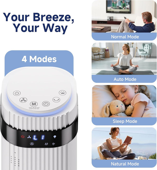 Simenmax Tower Fan, 36'' Bladeless Floor Fan with Remote, 12H Timer, 5 Speeds & 4 Modes, 28dB Quiet Standing Fan for Bedroom, Home, and Office,White